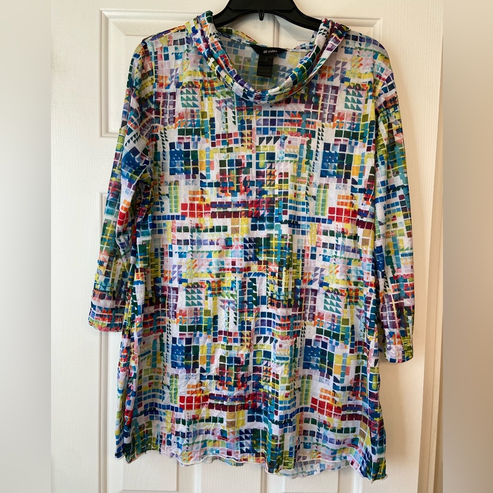 Ali Miles Rainbow Colored Geometric 3/4 Sleeve Sheer Top Sz Medium - Picture 2 of 9